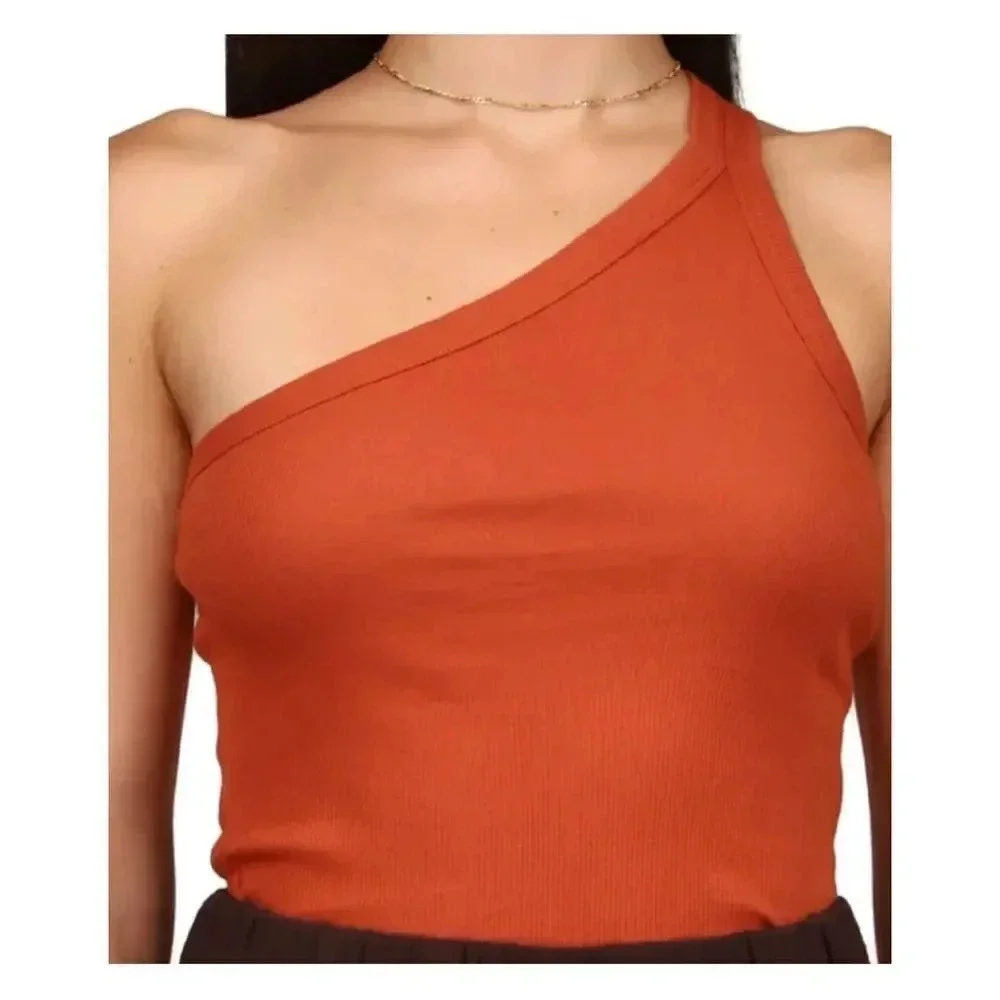 Sanctuary One Shoulder Cami Tank Sleeveless Top Large Orange Ribbed Organic NWT - Picture 1 of 7